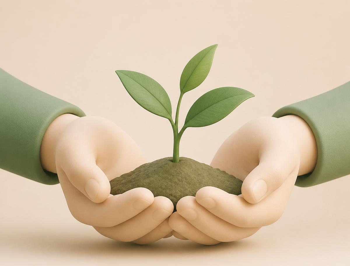 Đôi bàn tay nâng niu một mầm cây xanh đang lớn